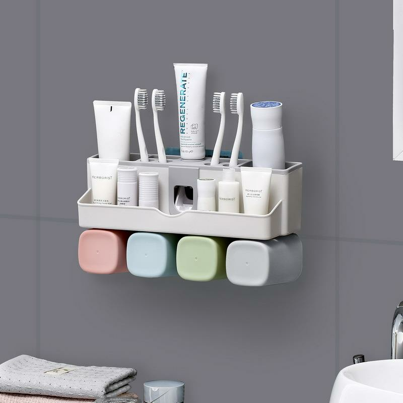 Toothbrush Holder Set Storage Suplies Save Space No Drill Wall Mount Toothpaste Dispenser Multi-Functional Slots Bathroom Strong