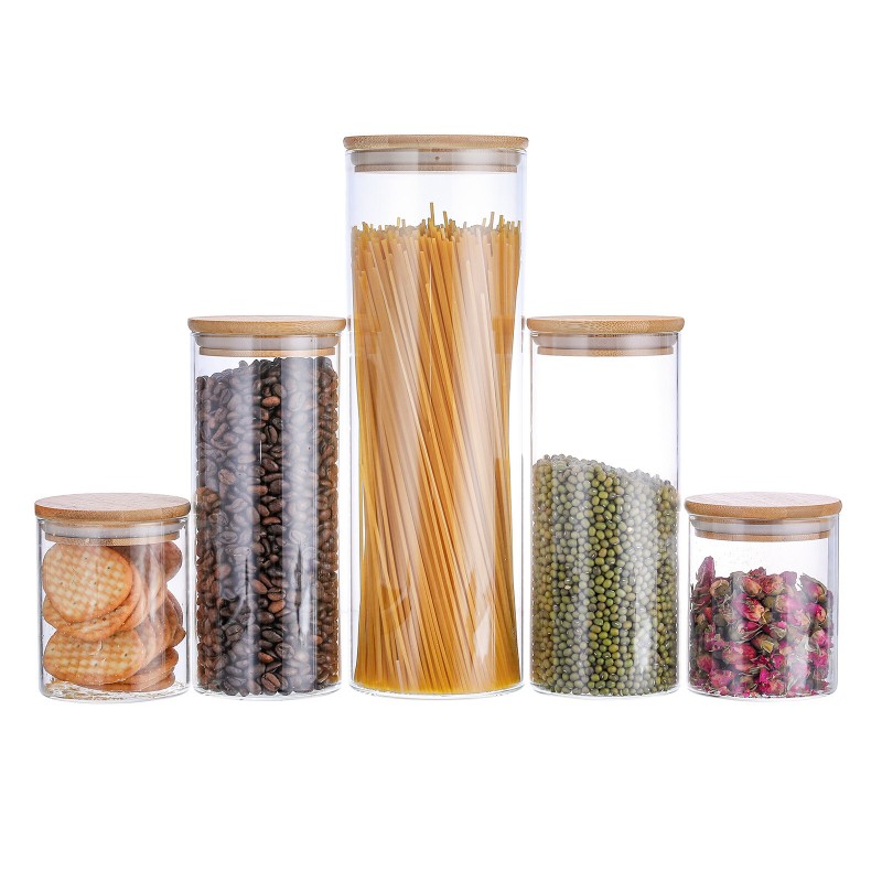Glass Storage Jar 5 Set Food Storage Containers Airtight Food Jars with Bamboo Wooden Lids - Green Spoon