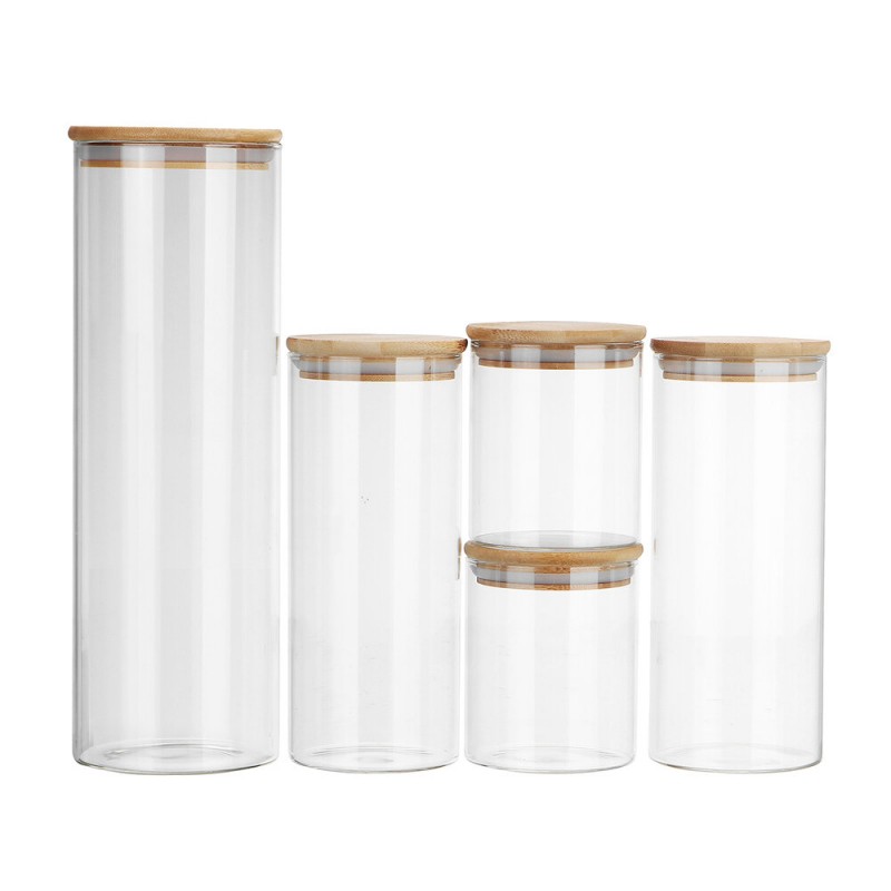 Glass Storage Jar 5 Set Food Storage Containers Airtight Food Jars with Bamboo Wooden Lids - Green Spoon